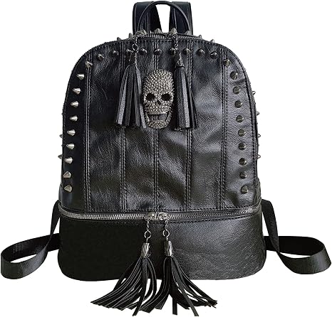 Downupdown Women’s Gothic Black Backpack – Studded Skull Design with Tassels, Faux Leather Convertible Daypack, Punk Rock Style for Casual, Concert & Nightlife
