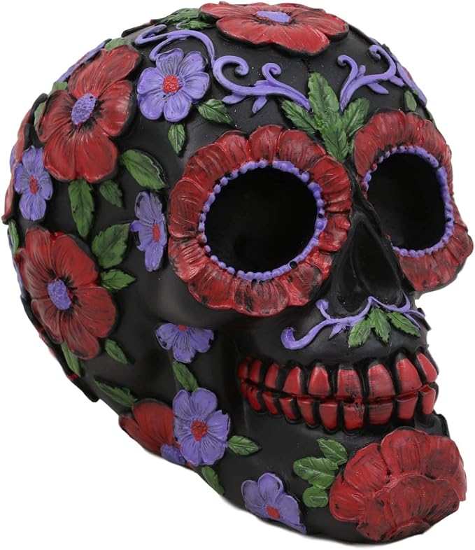 Ebros Black Day of The Dead Floral Blooms Sugar Skull Figurine DOD Skulls Statue 6" Long As Halloween Ossuary Macabre Decor Collectible (Summer Red and Purple Flowers with Green Petals) - skull figurine