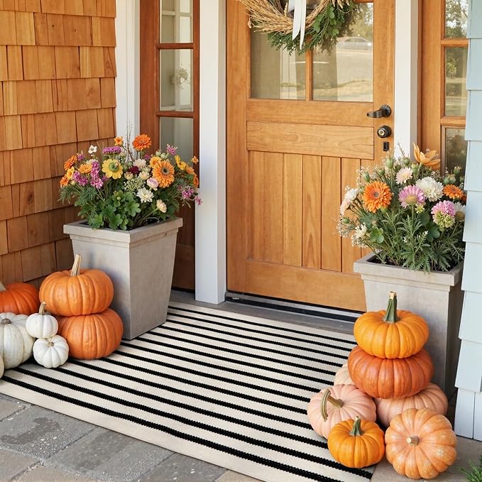 KIMODE Front Door Mat Outdoor Black White Fall Porch Entryway Rug Doormats
