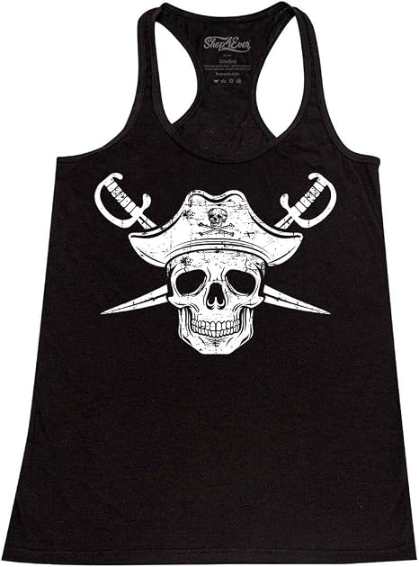 shop4ever® White Pirate Captain Skull with Scimitars Women's Racerback Tank Top Slim Fit - skull tank tops