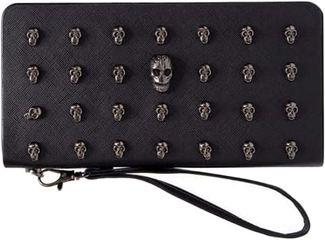 DownUpdown Skull Wallets for Women Wristlet Purses Clutch Black Zipper Purse Faux Leather Punk Gothic Cool Long Wallet Men