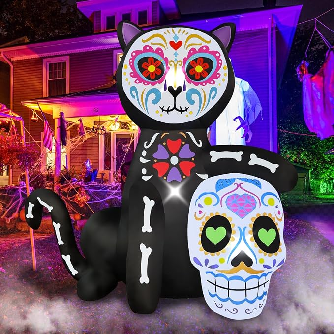 BLOWOUT FUN 5FT Halloween Inflatable Black Cat Skeleton Yard Decor - skull inflatable