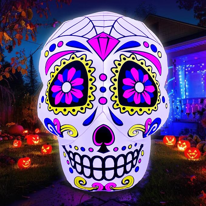SEASONBLOW 4.5 Ft Halloween Inflatable Sugar Skull Outdoor Decorations - skull inflatable