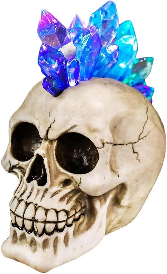 Ebros Colorful LED Light Mohawk Crystal Hair Cranium Skull Figurine As Halloween Ossuary Macabre Decor Night Light Collectible of Skulls Skeletons - skull figurine