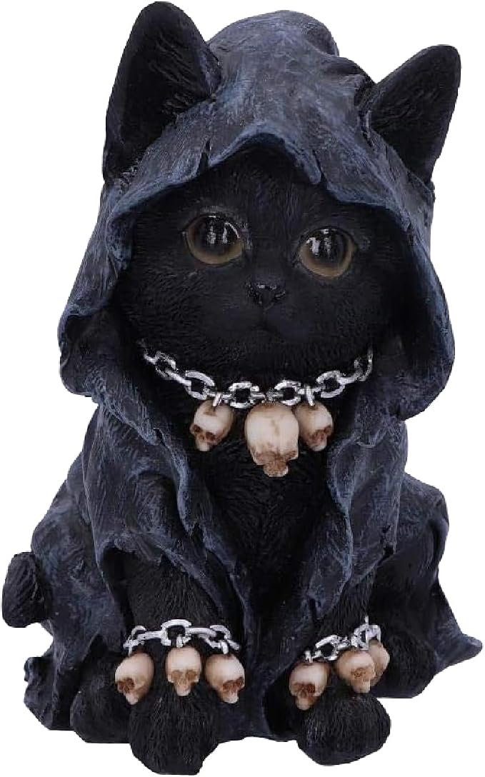 Nemesis Now Grim Reaper Cat Figurine, Hand-Painted Black Kitten with Olive Eyes and Skull Charms, Gothic Collectible Decor, 16cm - skull figurine