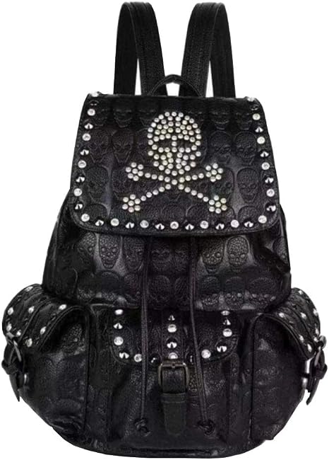 Women Rivets Backpack Rucksack Rhinestones Daypack Multi-pocket Purse Shoulder Bag Black - skull backpack