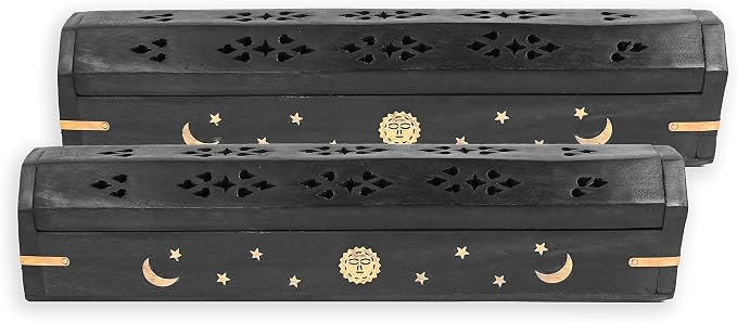 Incense Garden Pack of 2 Incense Stick Holder - Coffin Style - Wood Incense Stick Burner with Sun Moon Star Inlays Handmade with Brass Inlays (Black) - skull incense burner