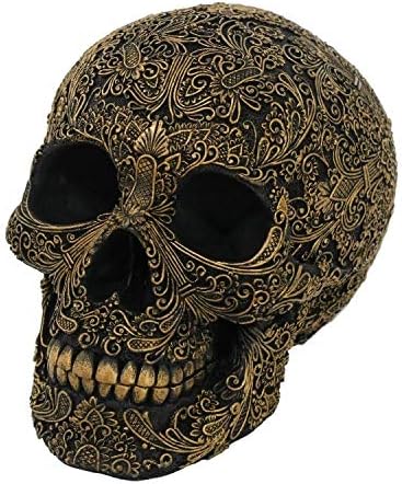 Pacific Giftware Black Carved Skull with Gold Flower Arrangement Outlines Resin Figurine Home Decor Statue - skull figurine