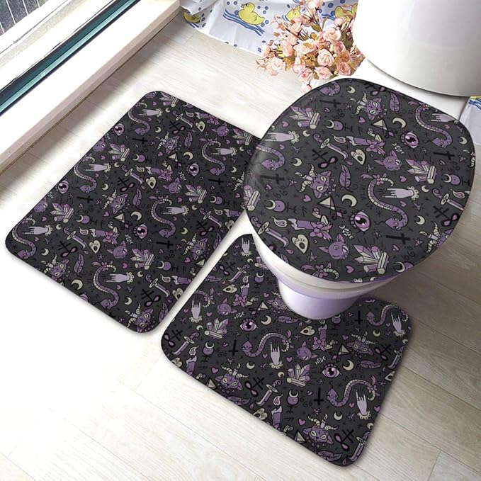 Purple Black Goth Spooky Soft Bathroom Rugs Set 3 Pcs Non Slip Absorbent Bath Mats U-Shaped Contour Rug Mat & Toilet Lid Cover Set - skull toilet mat