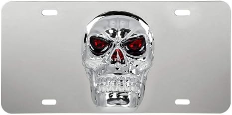 GG Grand General 60286 Stainless Steel License Plate w/ 3D Big Skull Emblem, 4 Holes, Chrome - skull plate
