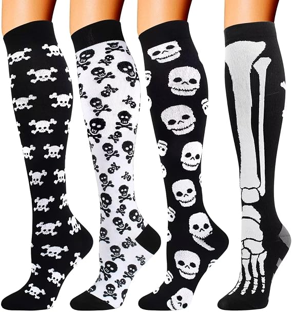 4 Pairs Compression Socks for Women Men 20-30 mmHg Knee High Support Socks - sugar skull costume