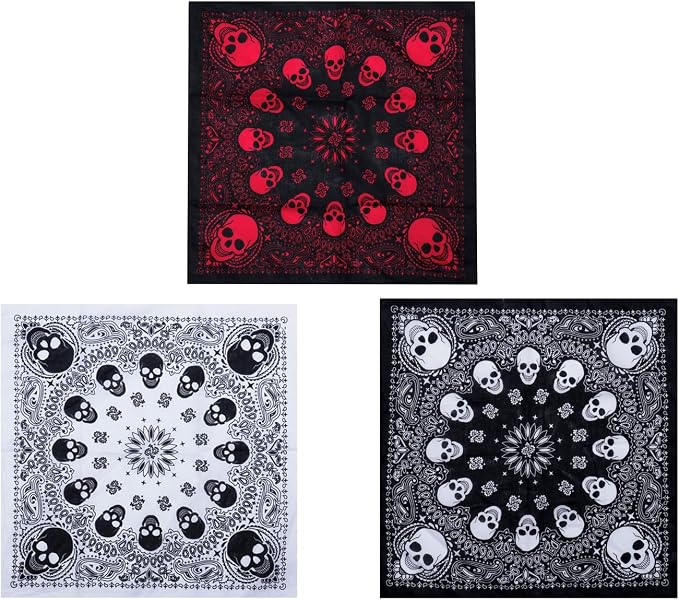 GERINLY 3pcs Men's Retro Bandana Scarf Stylish Paisley Pocket Squares Tie Dye Cowboy Wraps Headwraps for Hip Hop - skull headband
