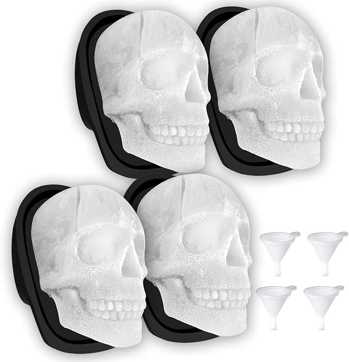 Extra Large 3D Skull Ice Cube Mold Silicone Ice Molds for Whiskey Ice Cube Trays with Funnel for Big Mouth Cup Skull Ice Maker with Resin Chocolate sugar Whiskey Ice Mold for Parties (4 PCS) - skull inflatable