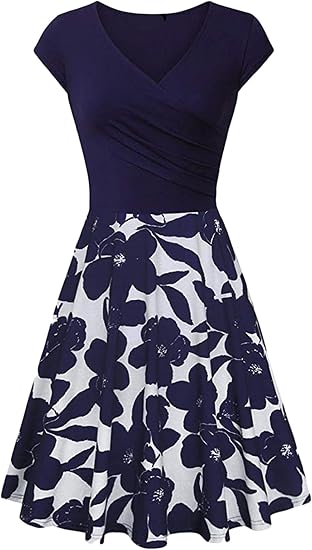 OMZIN Women's Summer 1950s Vintage Dress Wrap V Neck Cap Sleeve Dress Cocktail Swing Dress A-Line Flared Midi Dress - sugar skull dress