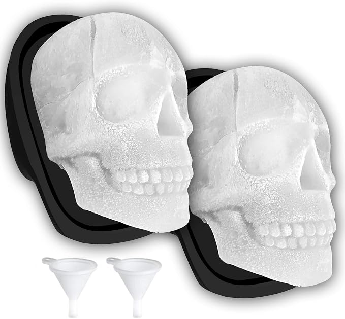 Extra Large 3D Skull Ice Cube Mold Silicone Ice Molds for Whiskey Ice Cube Trays with Funnel for Big Mouth Cup Skull Ice Maker with Resin Chocolate sugar Whiskey Ice Mold for Parties (2 PCS) - skull candle