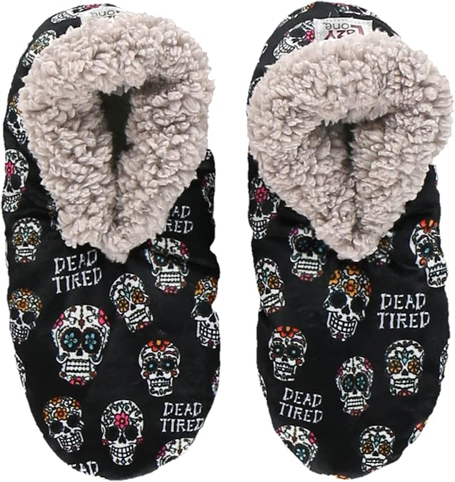 Lazy One Fuzzy Slipper Socks for Women, Fleece House Slippers, Indoor Socks - sugar skull costume