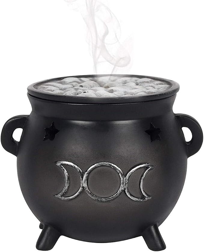 Green Tree Triple Moon Cauldron Incense Holder, Black - skull incense burner