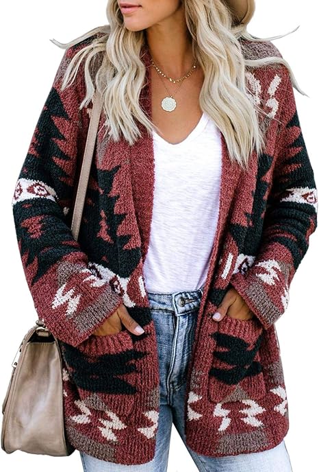 FERBIA Women Boho Cardigan Aztec Open Front Loose Slouchy Sweaters Tribal Long Sleeve Knitted Christmas Jacket Coat - skull jacket