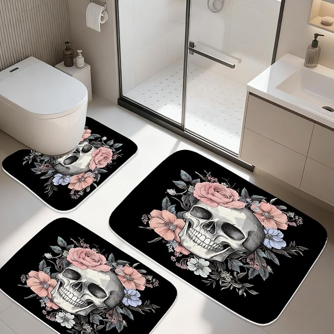 TheBlackSpot Floral Sugar Skull and Rose Bathroom Rugs Bath Mat Sets 3 Piece Imitation Cashmere Anti Slip Mats,U-Shaped Contour Shower Mat - skull carpet