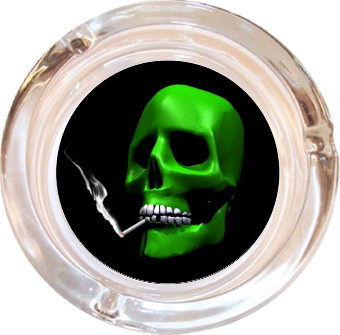 Smoking Skull Glass Ashtray - 4" Round - skull ashtray