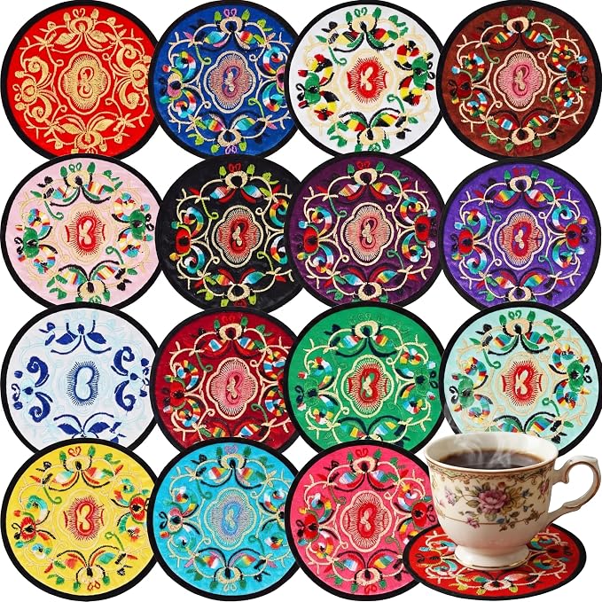 Boao 16 Pcs Embroidered Cloth Coasters Round Mexican Boho Floral - skull coaster