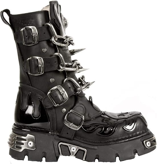 New Rock Unisex M.727-S1 Black Leather Boots Skull Chain Flame Reactor Boots 44 - sugar skull costume