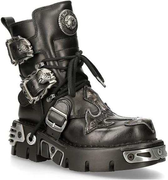New Rock Women's 407-S1 Silver Cross Buckle Ankle BOOTS Black Leather Gothic Punk Biker Fashion Shoes - sugar skull costume
