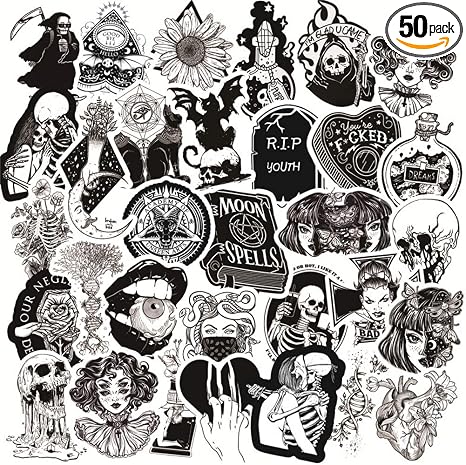 50PCS Gothic Stickers for Water Bottle,Black White Skull Stickers,Waterproof Vinyl Stickers Perfect for Laptop Phone Car Skateboard