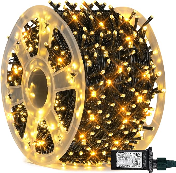 FUNPENY 164FT 500 LED Christmas Indoor Outdoor Decorative String Lights, 8 Modes Waterproof Green Wire LED Fairy Light for Christmas Party Wedding Garden Home Decoration (Warm White) - string light