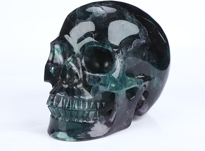 Skullis 5.0" Fluorite Crystal Skull, Hand Carved Gemstone Fine Art Sculpture, Reiki Healing Stone Statue.3326. - skull figurine