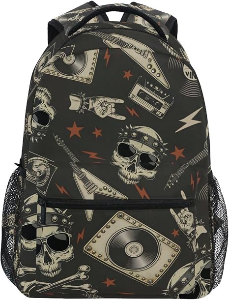 ALAZA Punk Skull Rolk Music & Guitar Large Backpack Personalized Laptop iPad Tablet Travel School Bag with Multiple Pockets - skull suitcase