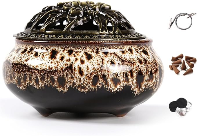 Incense Burner with Calabash Incense Stick Holder - Porcelain Charcoal Censer for Use with Resin Granular Powder Cone or Coil Incense (Fambe Gray) - skull incense burner