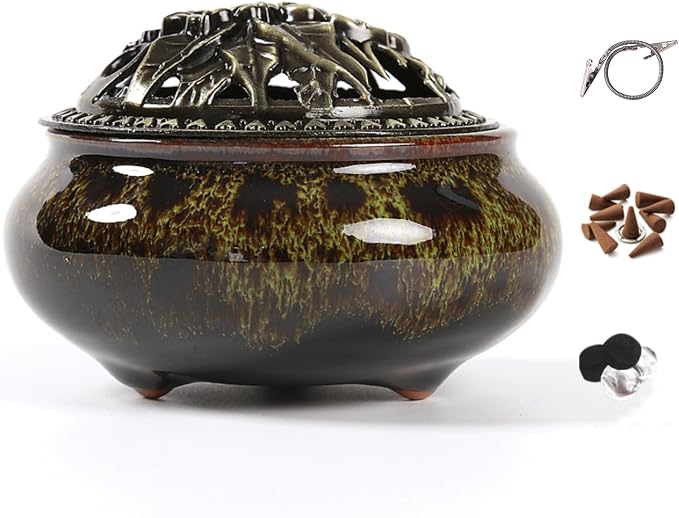 Incense Burner with Calabash Incense Stick Holder - Porcelain Charcoal Censer for Use with Resin Granular Powder Cone or Coil Incense (Fambe Green) - skull incense burner