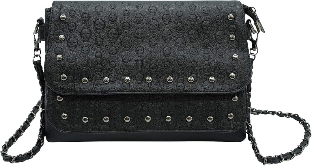 Ro Rox Women's Studded Skull Crossbody Shoulder Bag Punk Gothic Studs PU Handbag (Vega - Skull & Studs) - sugar skull handbags for sale