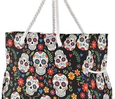 ALAZA Beach Bag, Day of the Dead Sugar Skull Halloween Travel Tote Bags for Camping, Exercise