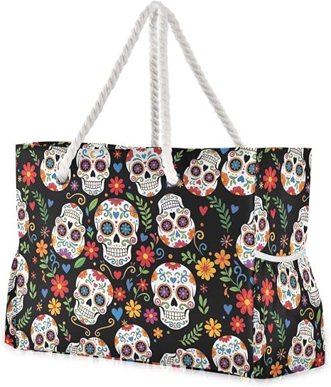 ALAZA Beach Bag, Day of the Dead Sugar Skull Halloween Travel Tote Bags for Camping, Exercise