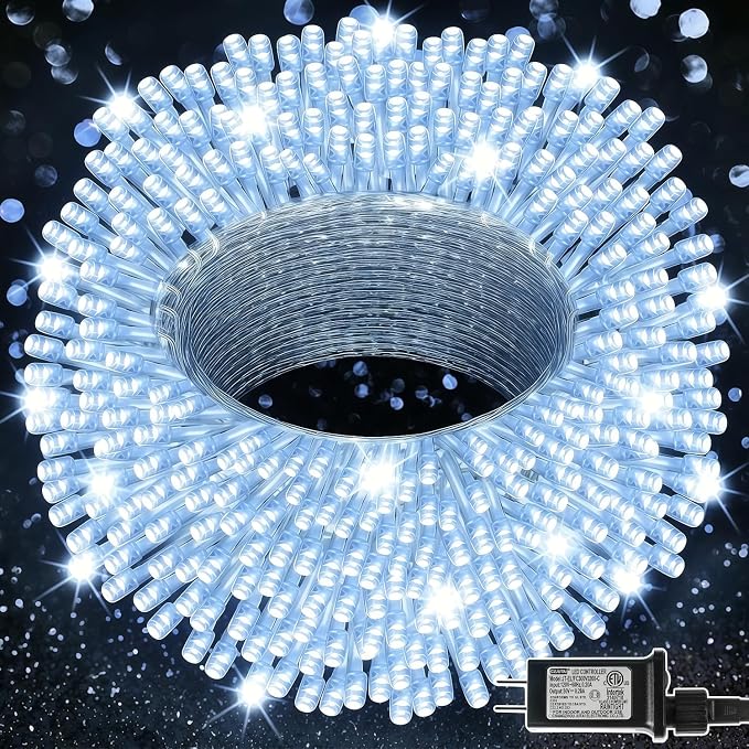 LJLNION 300 LED String Lights Outdoor Indoor, Extra Long 98.5FT Super Bright Christmas Lights, 8 Lighting Modes, Plug in Waterproof Fairy Lights for Holiday Wedding Party Bedroom Decorations ( White) - string light
