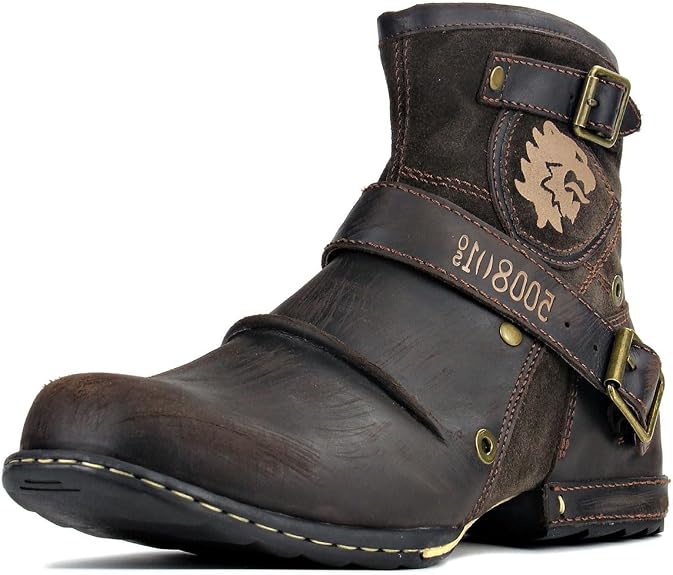 Mens Chukka Biker Cowboy Stylish Motorcycle Combat Hiking Fashion Casual Cowhide Leather Ankle Side Zipper Boots 5008-1-DD1D2 - sugar skull boots