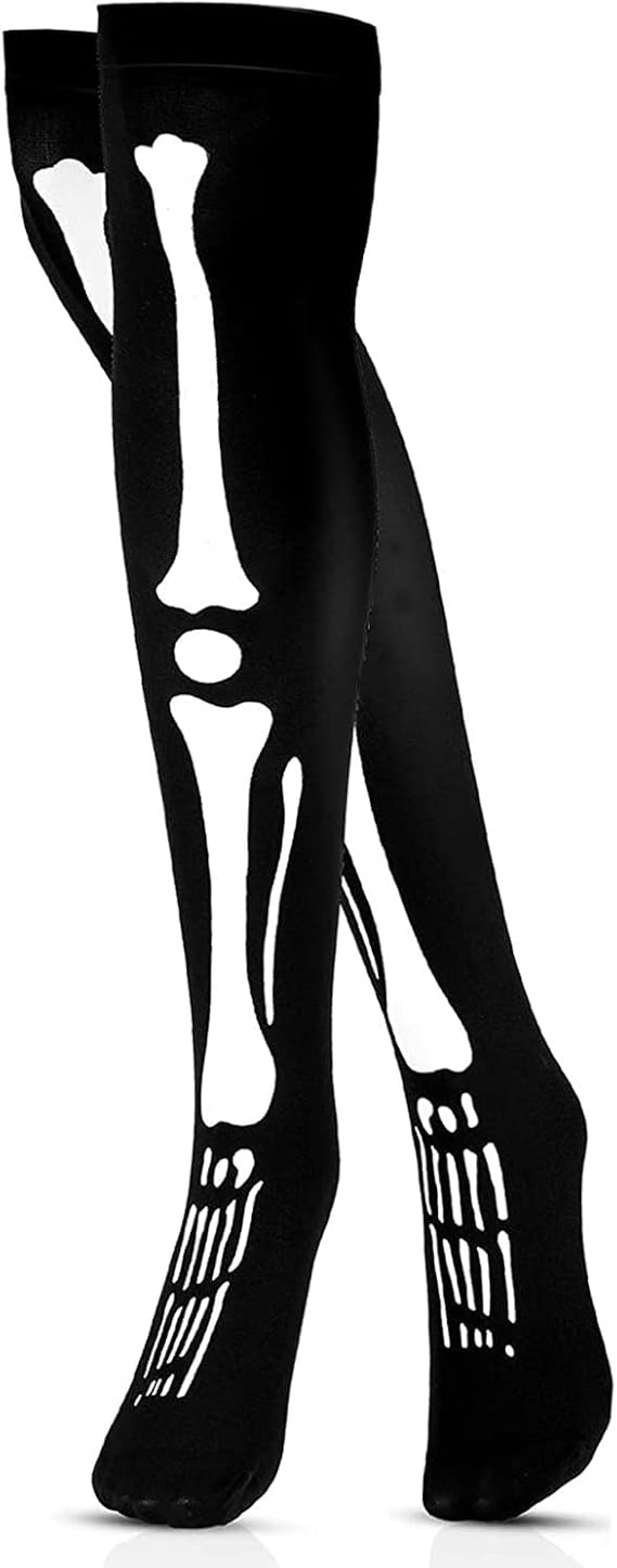 Skeleton Thigh High Costume Socks - Goth Bone Over the Knee Spooky Stocking - sugar skull costume