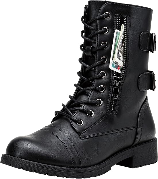 Vepose Women's Lace Up Mid Calf Combat Boots with Functional Pocket - sugar skull costume
