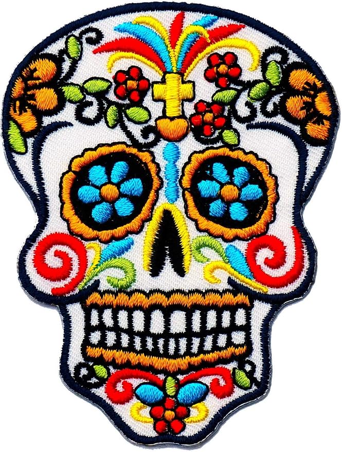Graphic Dust White Colorful Sugar Skull Embroidered Iron on Patch Calavera Good Luck Applique Sign Symbol Logo Cute Happy Death Lucky Spirit Decoration Coco Day of the Dead Backpack DIY Costume - skull sticker