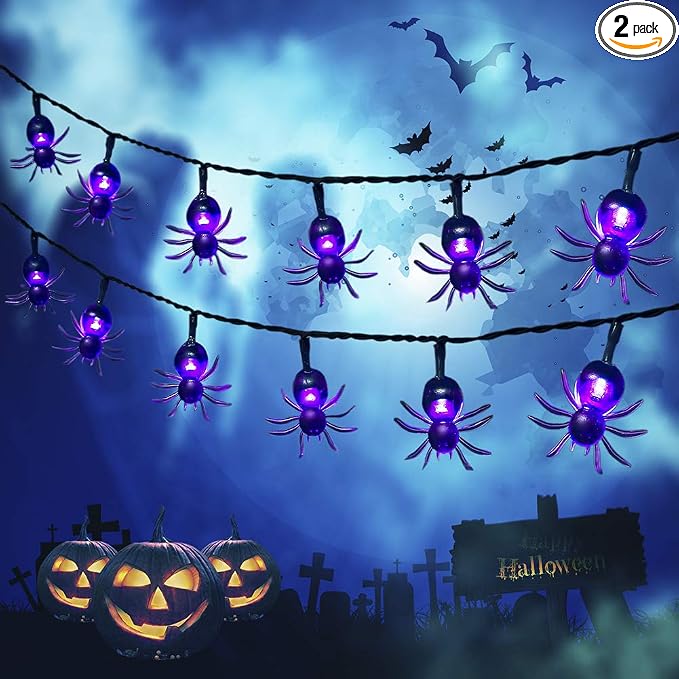Solar Halloween String Lights,2 Pack 30 LED Spider Lights Each, - string light