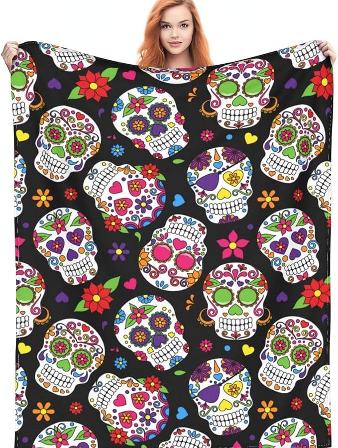 BLUBLU Day of The Dead Sugar Skull Flannel Fleece Bed Blanket Throw Blanket Lightweight Cozy Plush Blanket for Bedroom Living Rooms Sofa Couch 50"x40" - sugar skull handbags for sale