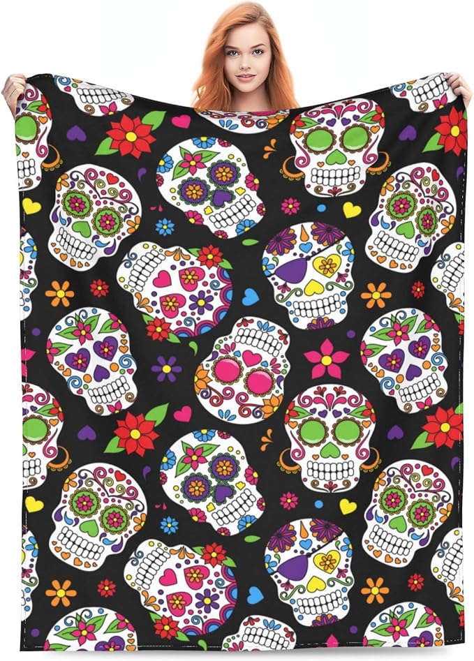 BLUBLU Day of The Dead Sugar Skull Flannel Fleece Bed Blanket Throw Blanket Lightweight Cozy Plush Blanket for Bedroom Living Rooms Sofa Couch 50″x40″
