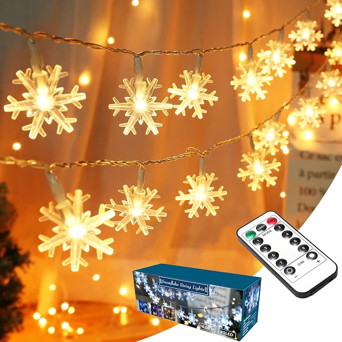 BrizLabs Snowflake Lights, 40 LED 16.08ft Christmas Lights with Remote, Twinkle Snowflake String Lights Battery Operated, 8 Modes Xmas Light Waterproof for Outdoor Indoor Tree Room Decor, Warm White - string light