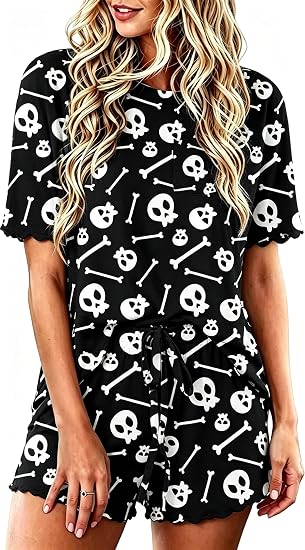 Roshop Halloween Pajama Women’s Top & Shorts Loungewear Set - skull pajamas