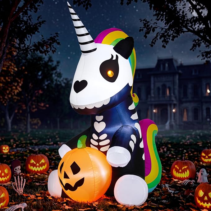 Joiedomi 5 FT Halloween Inflatable Sitting Skeleton Unicorn with LED Lights, Blow Up Outdoor Decoration for Yard, Garden, Lawn, Haunted House Halloween Party Outside Decor - skull inflatable