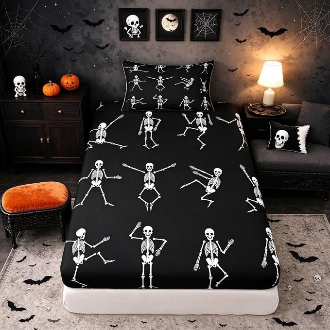 Erosebridal Sugar Skull Sheet Set Twin Size Skeleton Bones Bedding Set for Kids Boys Girls Teens Adult Halloween Horror Theme Fitted Sheet Gothic Spooky Bed Sheet Wrinkle Bedclothes(No Flat Sheet) - skull bedding
