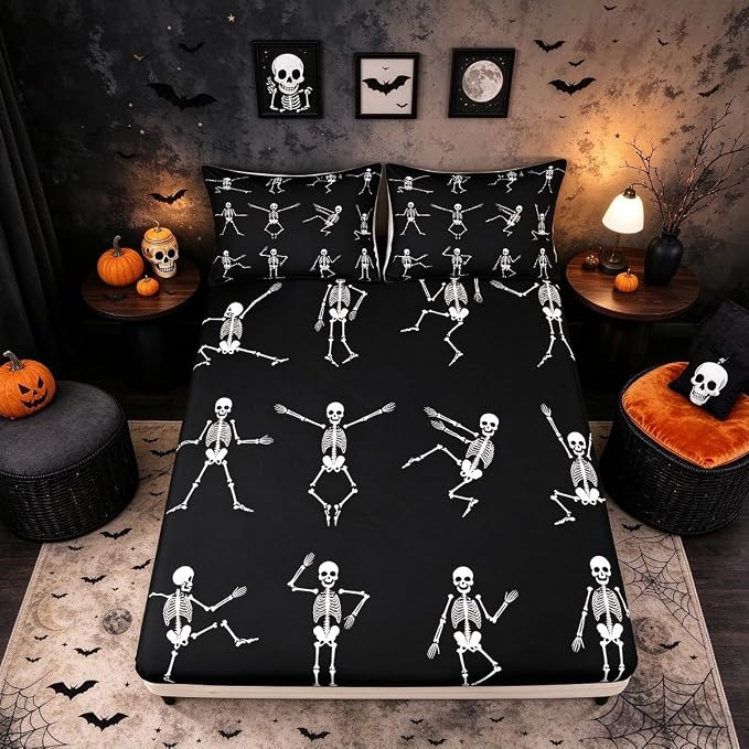 Erosebridal Sugar Skull Sheet Set Full Size Skeleton Bones Bedding Set for Kids Boys Girls Teens Adult Halloween Horror Theme Fitted Sheet Gothic Spooky Bed Sheet Wrinkle Bedclothes(No Flat Sheet)