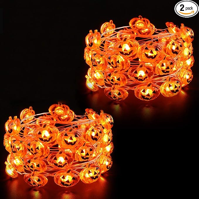 Halloween Pumpkin Lights, 2 Pack Battery Operated LED Pumpkin String Lights - string light